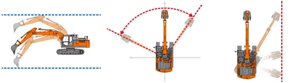 Area control is a function which automatically reduces speed to a stop when a set boundary is approached. That reduces the burden of watching surroundings for operators.