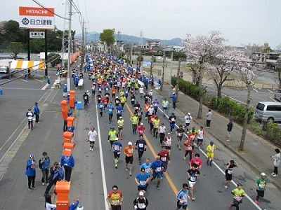 多くのランナーが走る土浦工場前のマラソンコース（2019年大会）