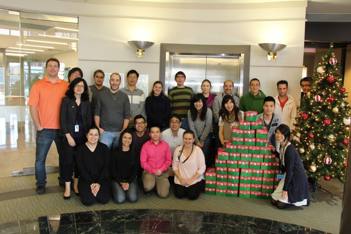 Employees surrounding the shoebox gifts