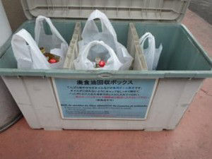 Collected used cooking oil is transferred to special containers to be picked up for recycling