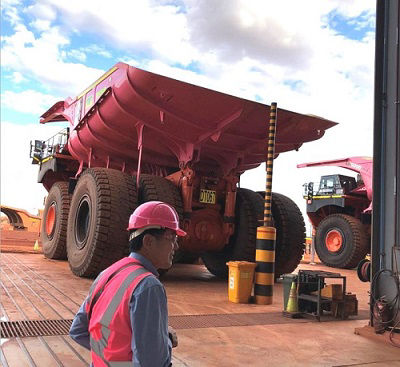 Vessels of the dump trucks have been painted a bright pink