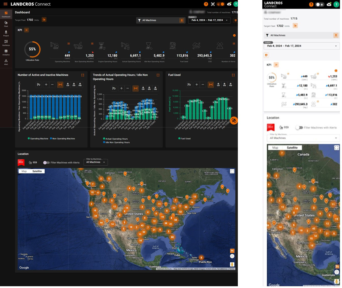 LANDCROS Connect Fleet Management System dashboard  (Left: Computer screen, Right: Smartphone screen)