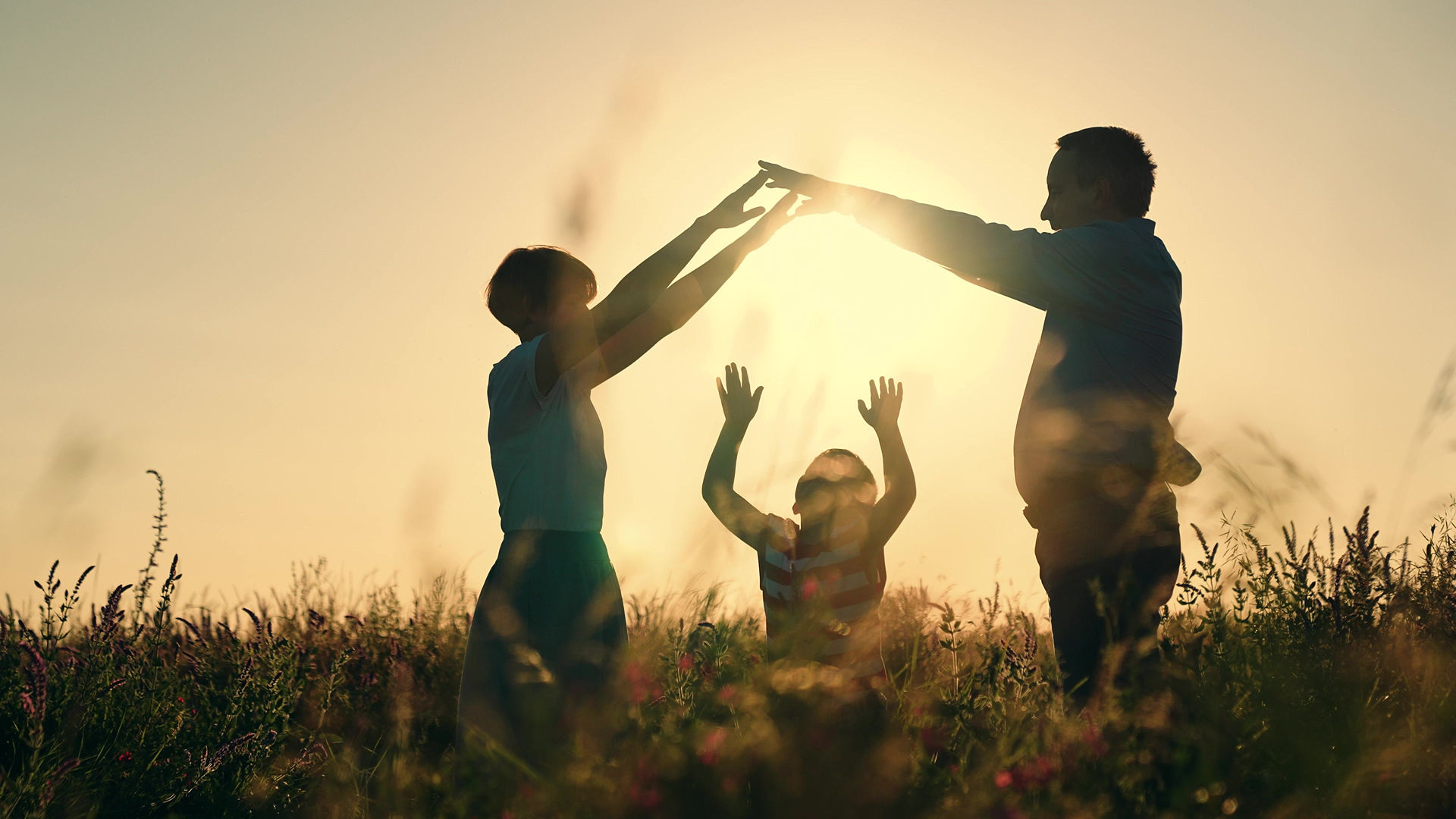 hold hands family sunset. depict sign roof house. happy family buy housing apartment. dream house construction. sunshine family. purchase credit mortgage loan money. teamwork. construction.