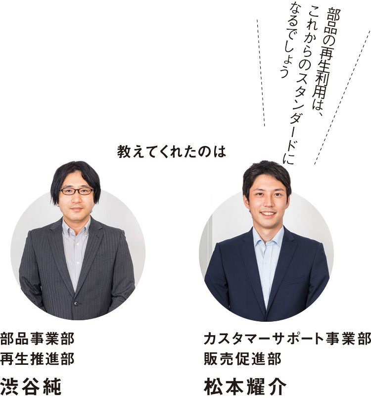 部品の再生利用は、これからのスタンダードになるでしょう 教えてくれたのは 部品事業部 再生推進部 渋谷純 カスタマーサポート事業部 販売促進部 松本耀介