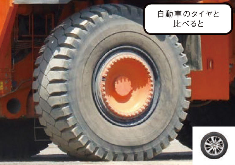 日立建機最大級ダンプトラックのタイヤは普通自動車のタイヤの6倍の大きさ！