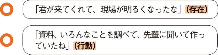 「君が来てくれて、現場が明るくなったな」（存在）「資料、いろんなことを調べて、先輩に聞いて作っていたね」（行動）