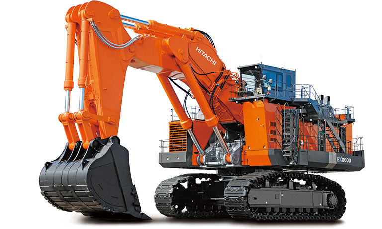  The EX8000, one of the world’s largest class hydraulic excavators, is equipped with two engines and 16 hydraulic pumps.