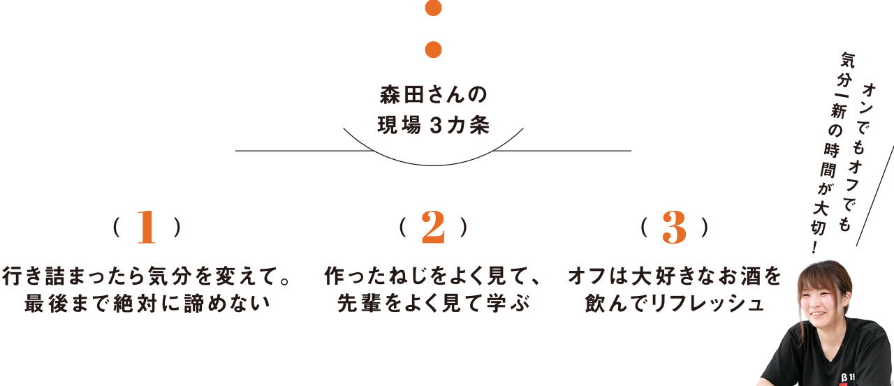 天野さんの現場3カ条 1.誰かが喜ぶことを全力で考える 2.現場に緊張感を与え一体感を生む 3.感受性を養い人の心を動かす