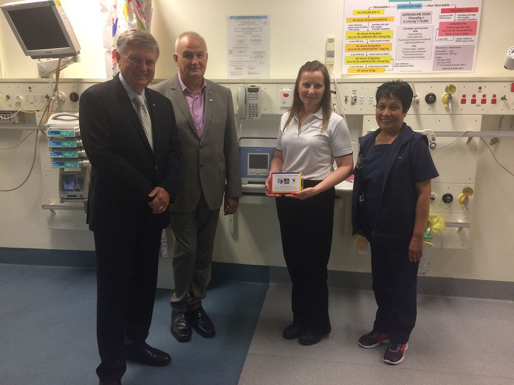 Ventilator donation: nurse (far right) from the Children’s Hospital at Westmead pose  with Paul Francis(founder of Humpty Dumpty Foundation: far left), David Harvey (GM of HCA: center left) and Doris Pongrac (Business Projects Manager of HCA: center right)