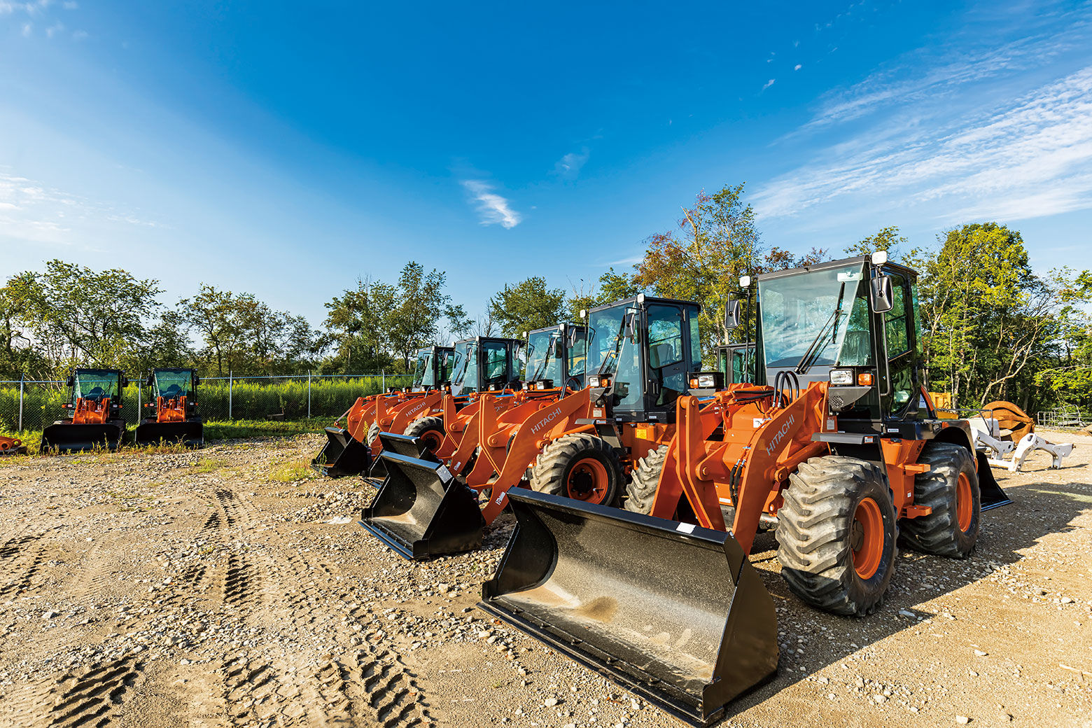 Many wheel loaders are lined up at RECO Equipment lot.