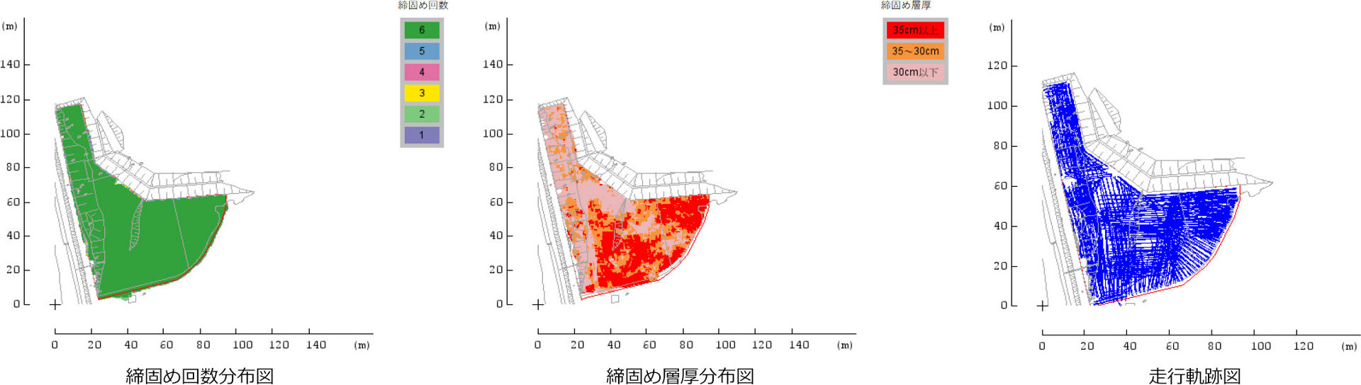 締固め回数分布図 / 締固め層厚分布図 / 走行軌跡図