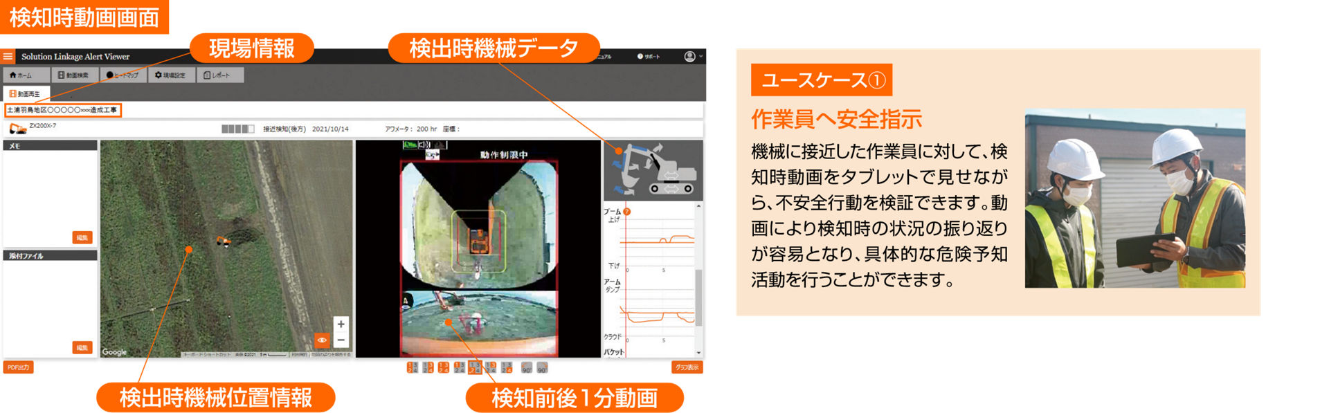 検知時動画画面　ユースケース1 作業員へ安全指示